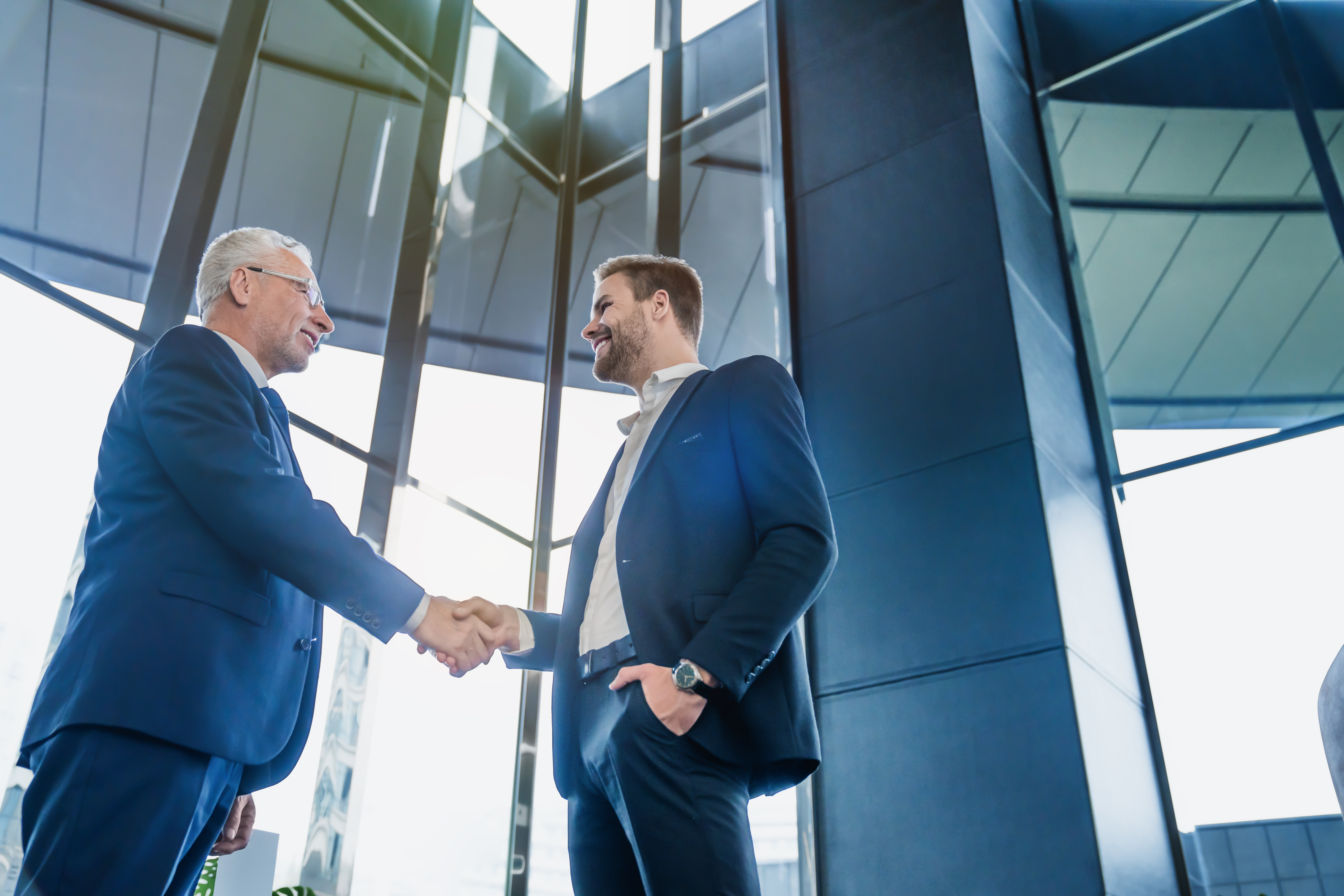 A young business professional having a positive interaction with a client while shaking hands.